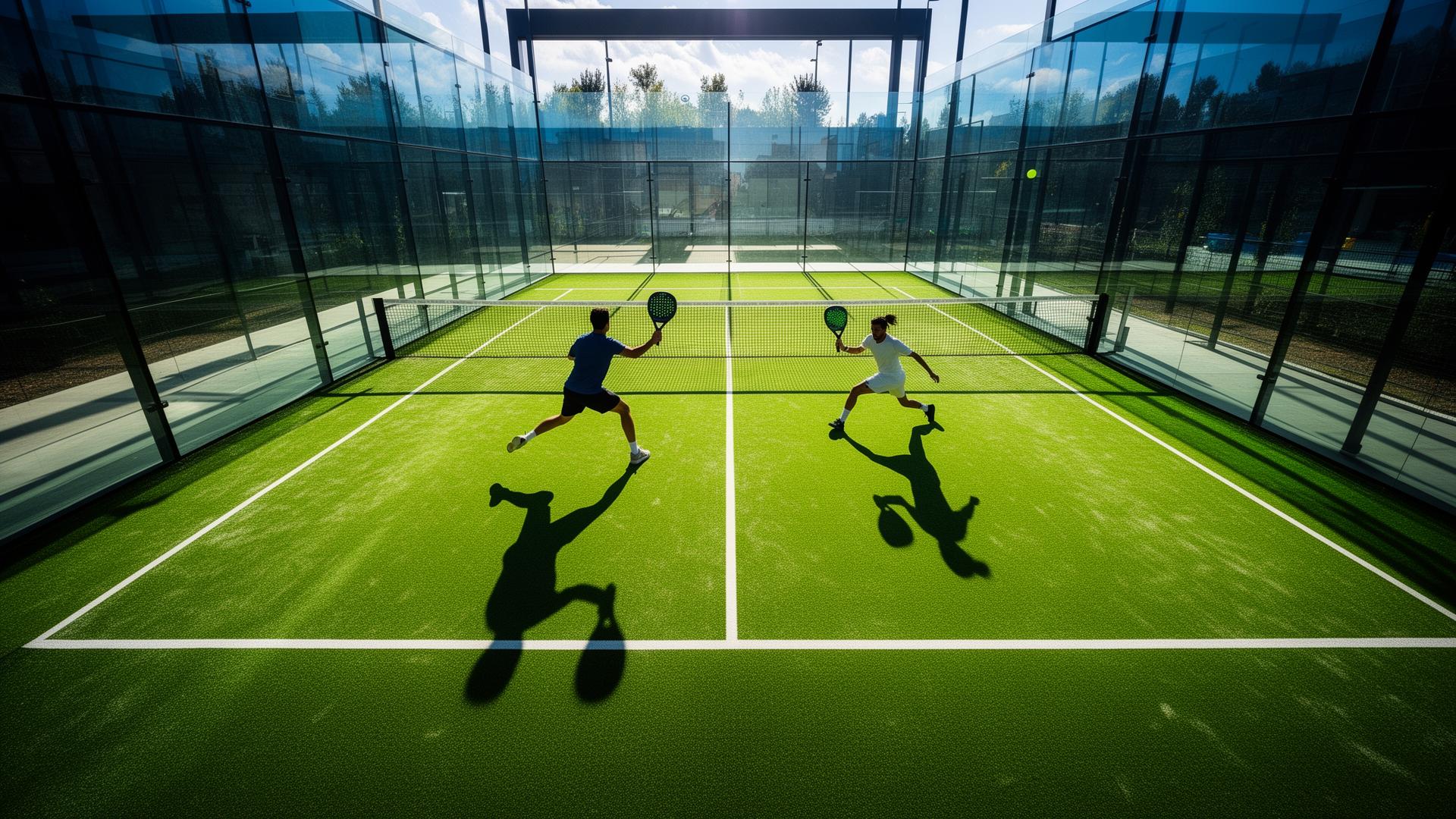 Match de padel sur terrain en gazon synthétique vert